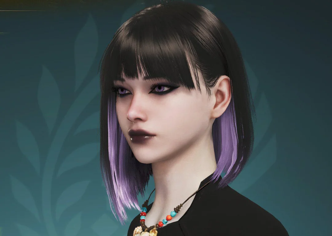 Purple-tipped hair with beaded necklace